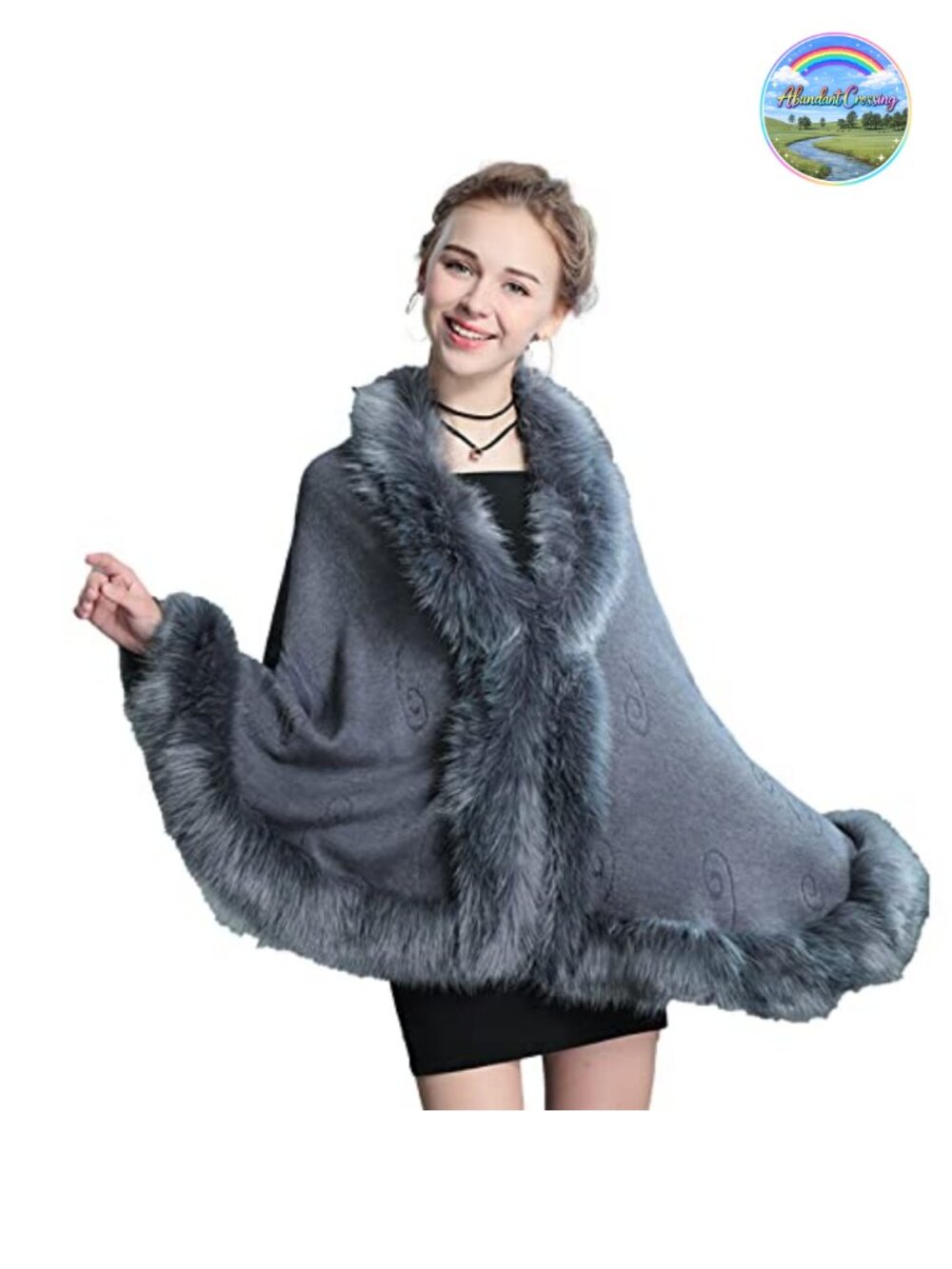 Faux Fur Trim Shawl Wrap Cape Floral Wedding Evening Winter